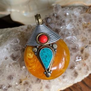 Tibetan amber pendant beautiful, colorful and boho
